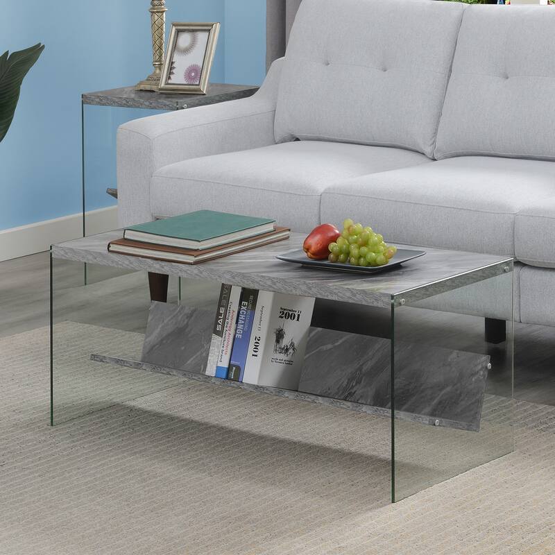 Convenience Concepts SoHo Glass Coffee Table with Shelf - Grey Faux Marble/Glass