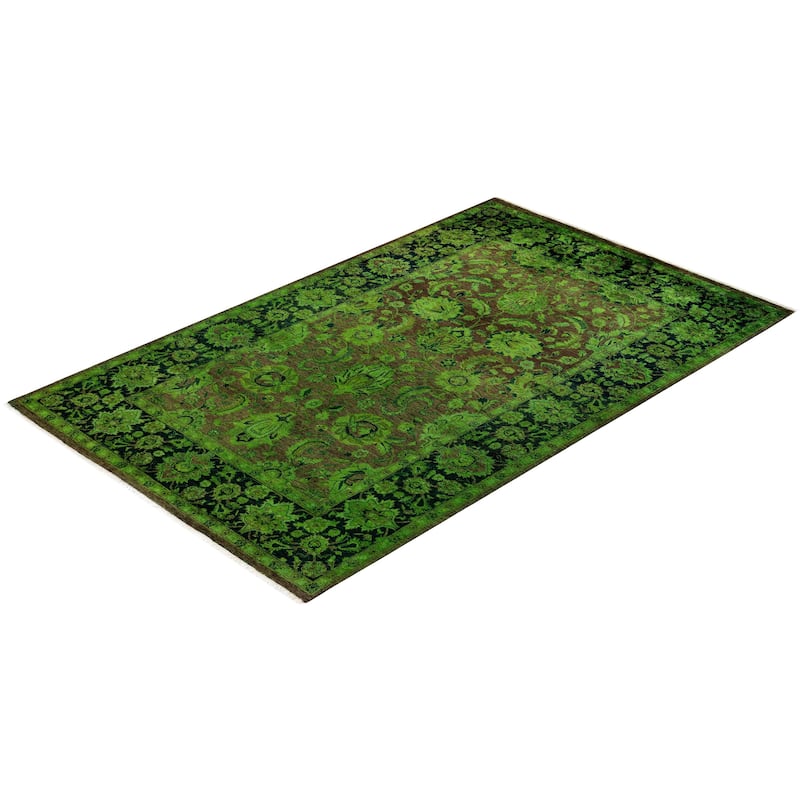 Overton Hand Knotted Wool Vintage Inspired Modern Contemporary Overdyed Green Area Rug - 4' 1" x 6' 6"