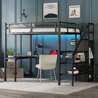 Multifunctional Design Metal Loft Bed with L-shaped Desk, LED, Shelves, Wardrobe and USB, Full Size, Black