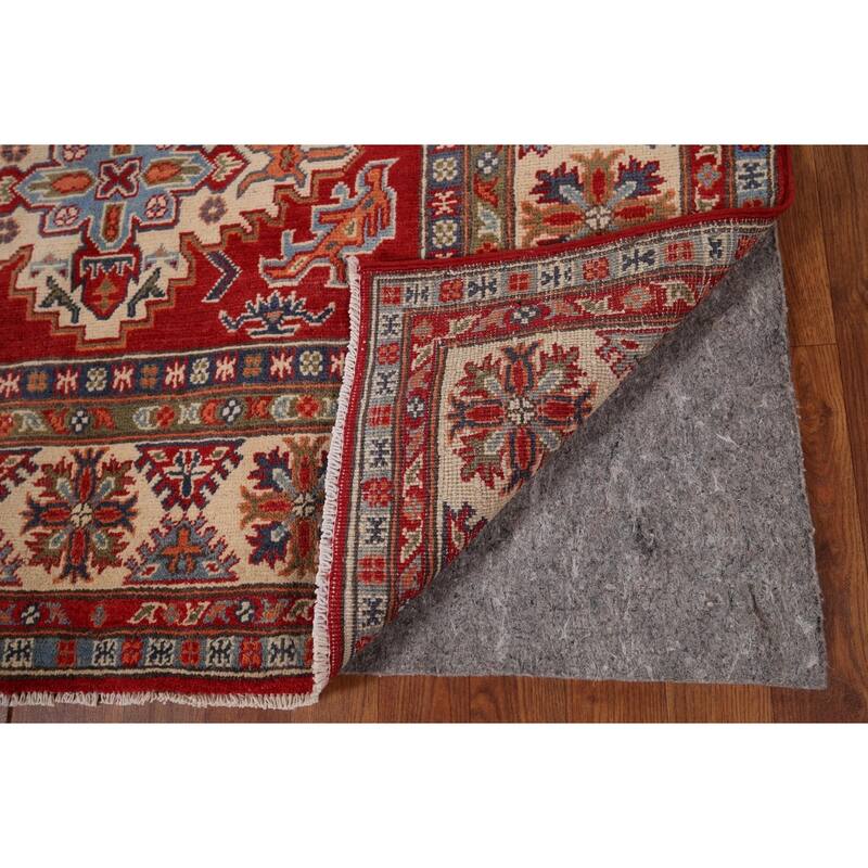 Red Geometric Kazak Area Rug Hand-Knotted Traditional Wool Carpet - 4'10" x 6'9"