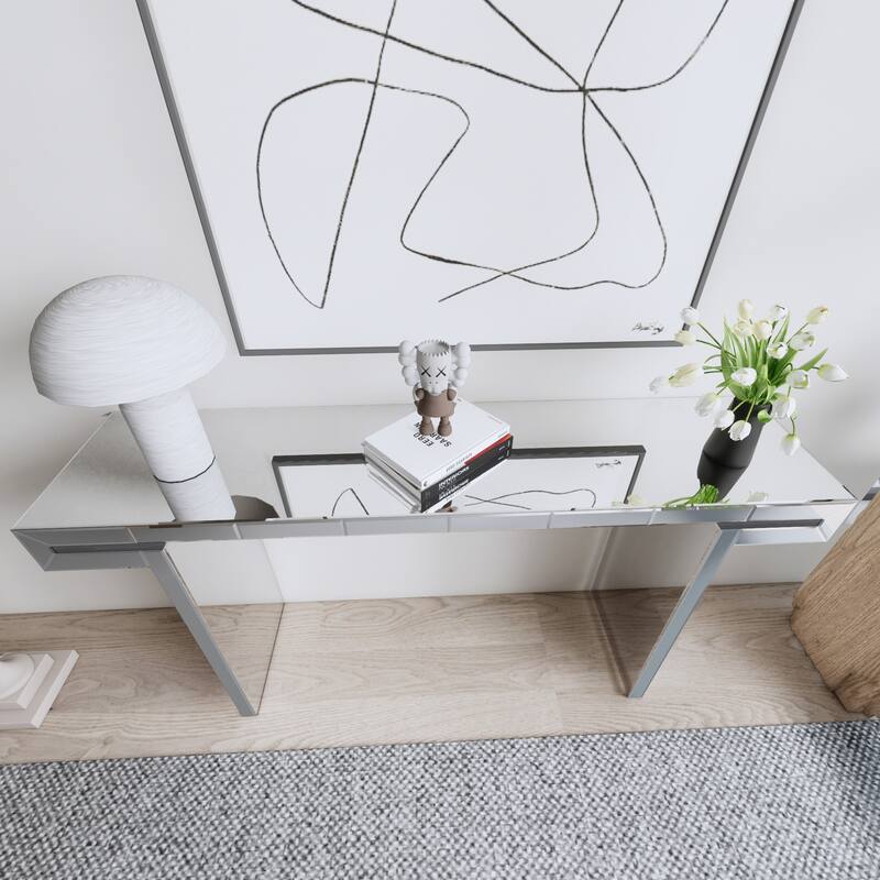 60 Inches Luxury Full-Length Mirror Console Table with Fluted Tempered Glass, Entryway Mirrored Sofa Table, Light Luxury Style