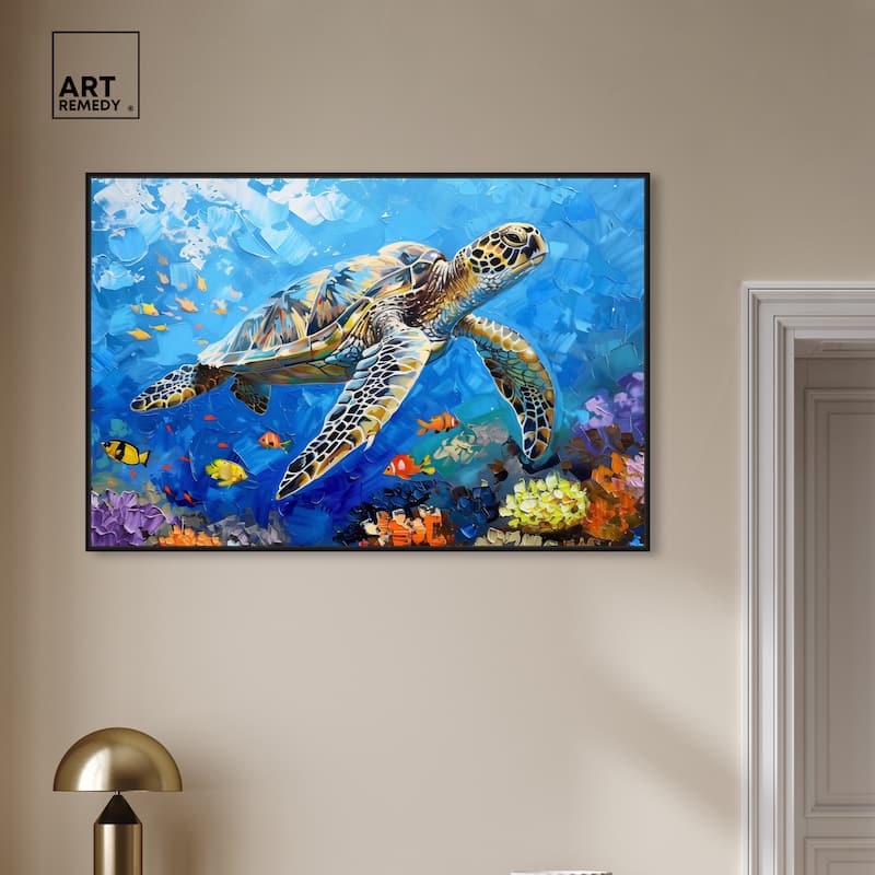 Art Remedy Turtle Swimming Framed Colorful Coastal 1 Piece Canvas Wall Art