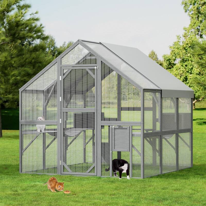57.2ft² Large Wooden Outdoor Cat House, with 2 Cat Doors, Roof Cover