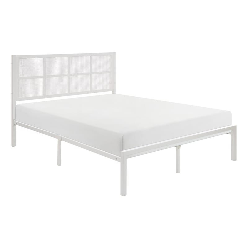 Queen Platform Bed with Metal Frame and Faux Cane Headboard, White Finish, No Box Spring Needed