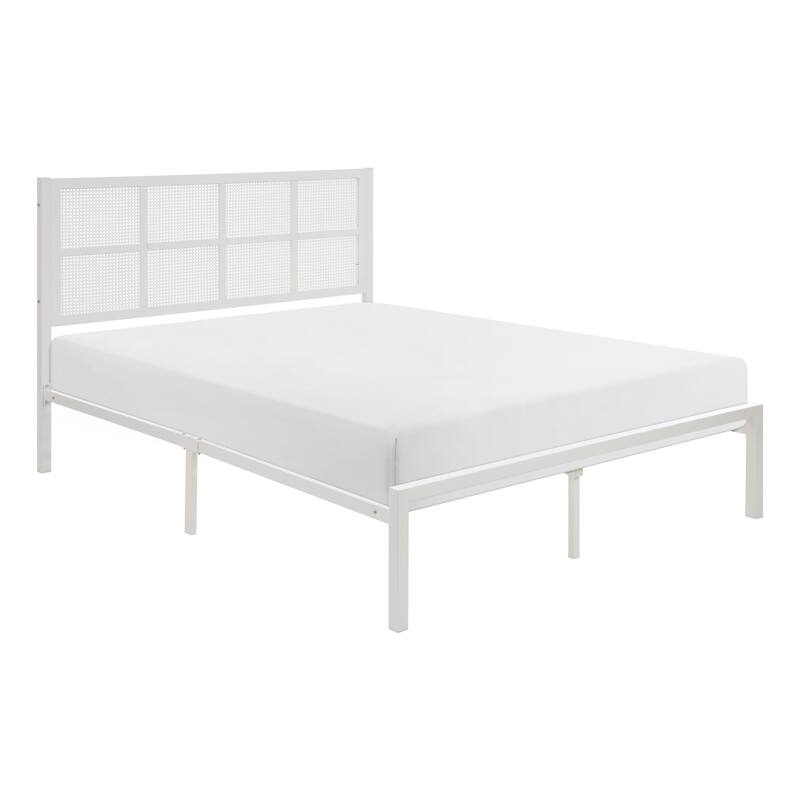 White Metal Platform Bed with Faux Cane Headboard, Eastern King Size, No Box Spring Needed