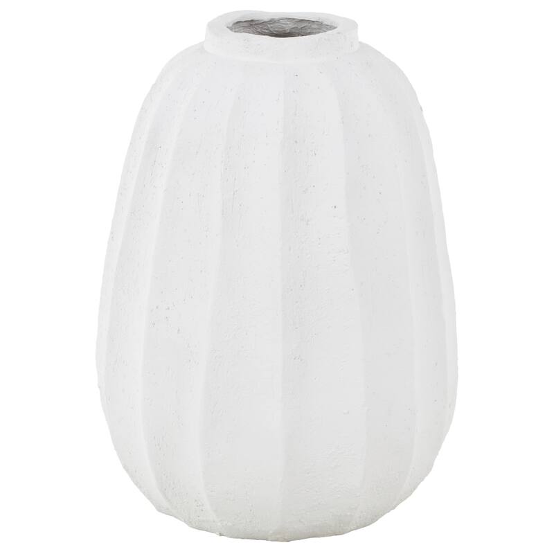 White Magnesium Oxide Wide Decorative Vase with Carved Grooves