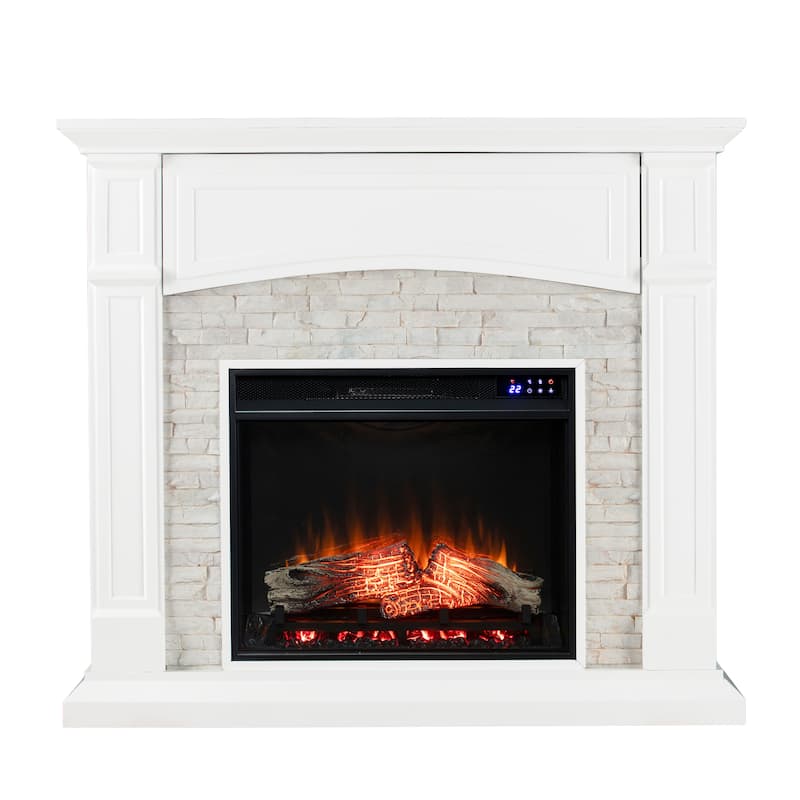 SEI Furniture Helliwell Electric Media Fireplace with White Faux Stone Mantel and Media Storage