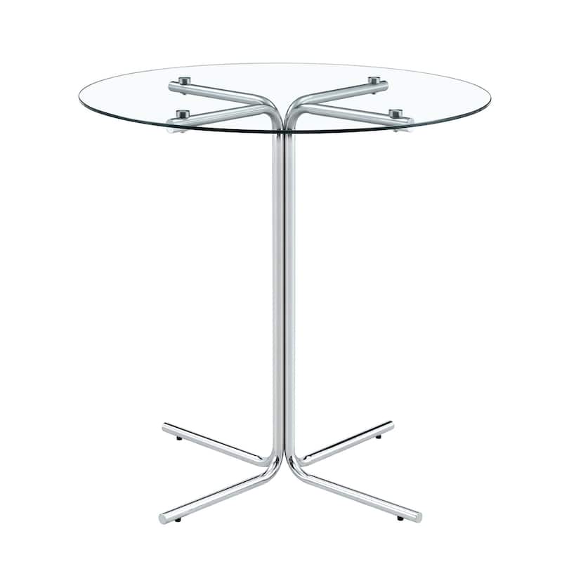36" Round Glass Bar Table - Tempered Glass Top, Gold Chrome Column Base, Space-Saving Design