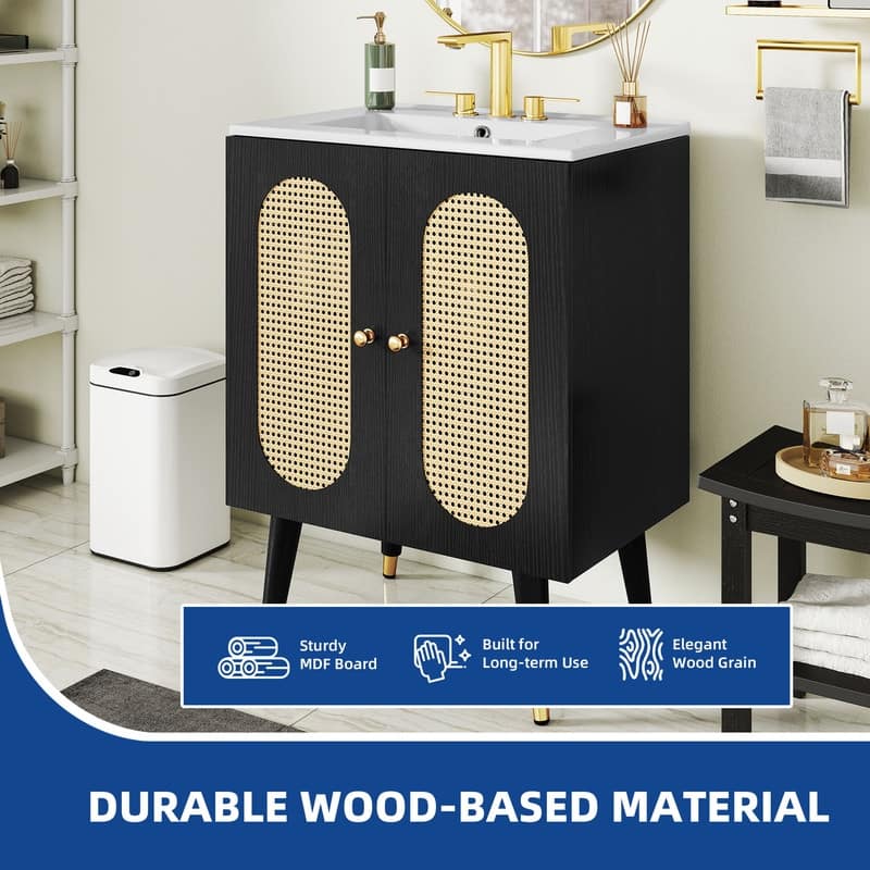 Moasis 24" Bathroom Vanity with Ceramic Sink, Rattan Double Door Cabinet and Drawer, Freestanding Solid Wood Legs