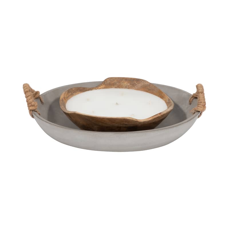 Sagebrook Home 12" Round Solid Color Cement Bowl With Woven Handles - 16.5" x 12" x 3" - Gray