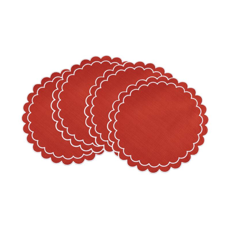 Scalloped Cotton Placemats (Set of 4) - Layered Wavy Edge Round Table Placemats for Dining, Entertaining & Everyday Table, 15"