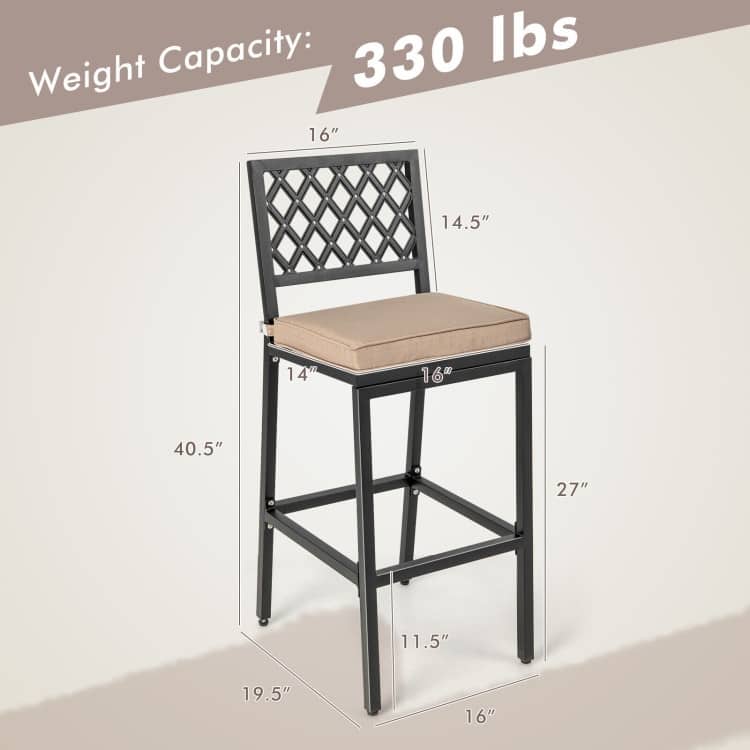 Set of 2 Patio Bar Chairs with Detachable Cushion and Footrest - 16" x 19.5" x 40.5" (L x W x H)