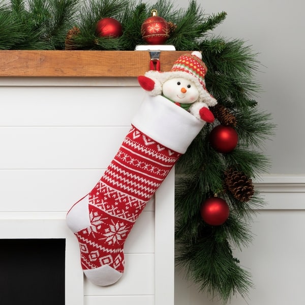 slide 2 of 6, 21.5 RedWhite Knitted Snowflake Christmas Stocking with Fleece Cuff