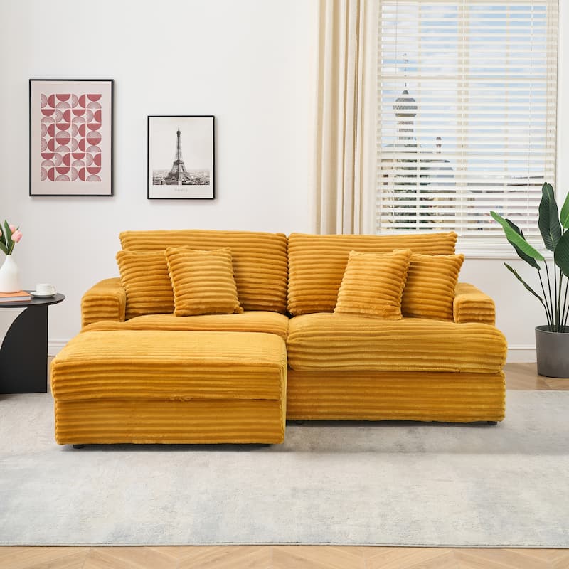 Corduroy Deep Seat L-shaped Chaise Sectional Sofa with Storage Ottoman