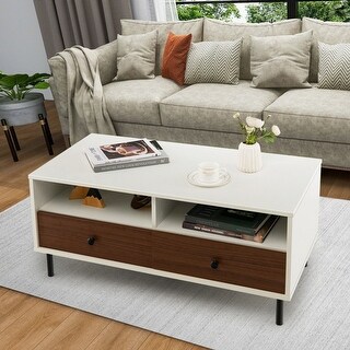 2 Tier Modern Rectangle Coffee Table with Storage Shelf and Drawers ...