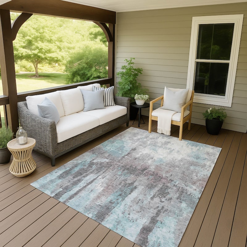 Machine Washable Indoor/ Outdoor Abstract Modern Chantille Rug - Teal - 2'6" x 3'10"