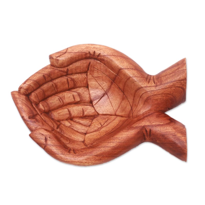 Handmade Giving Alms Wood catchall (Indonesia) - 3.3" H x 11.75" W x 7.75" D