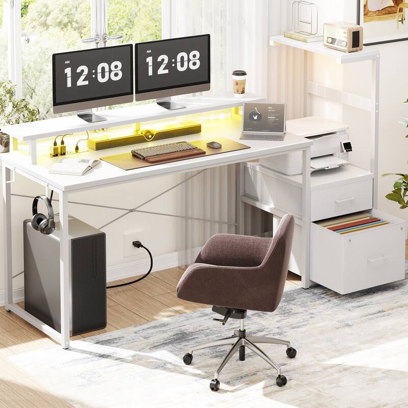 60'' Reversible Gaming Desk with Monitor Stand & Fabric Drawers，Home Office Computer Desk with RGB LED Strip & Power Outlets - White