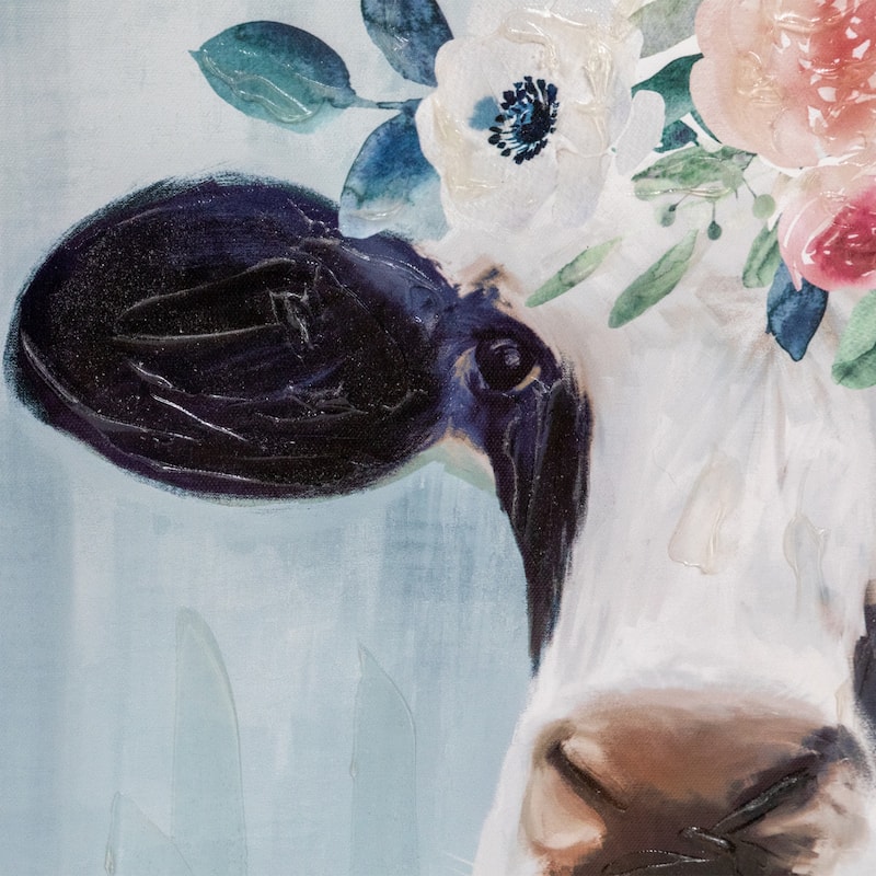 Cow with Flowers Canvas Wall Art 17.5" x 17.5"