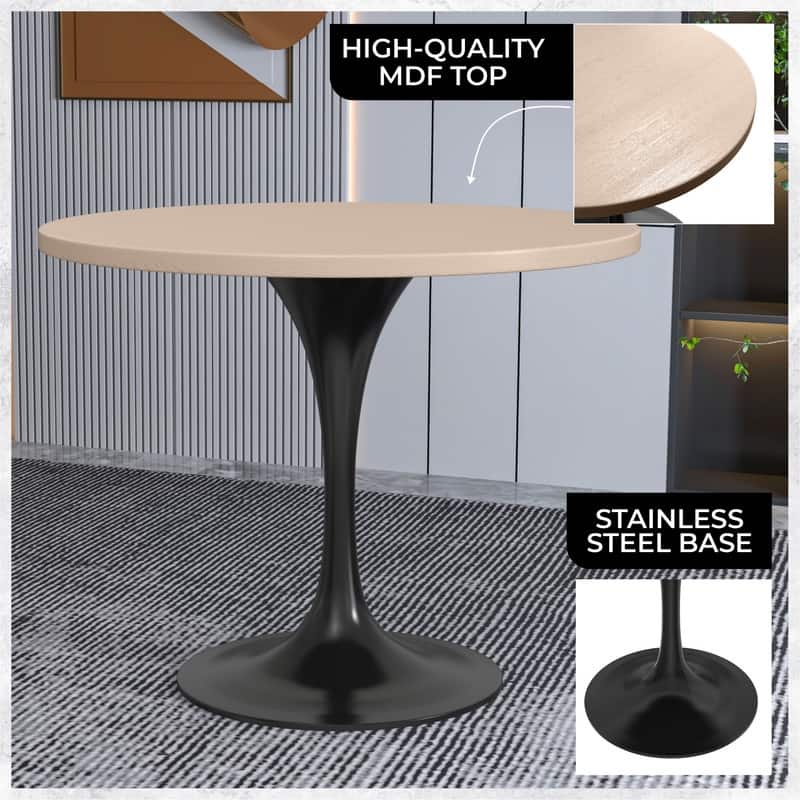 LeisureMod Verve 36" Round Dining Table with MDF Wood TableTop and Black Steel Base for Kitchen & Dining Room