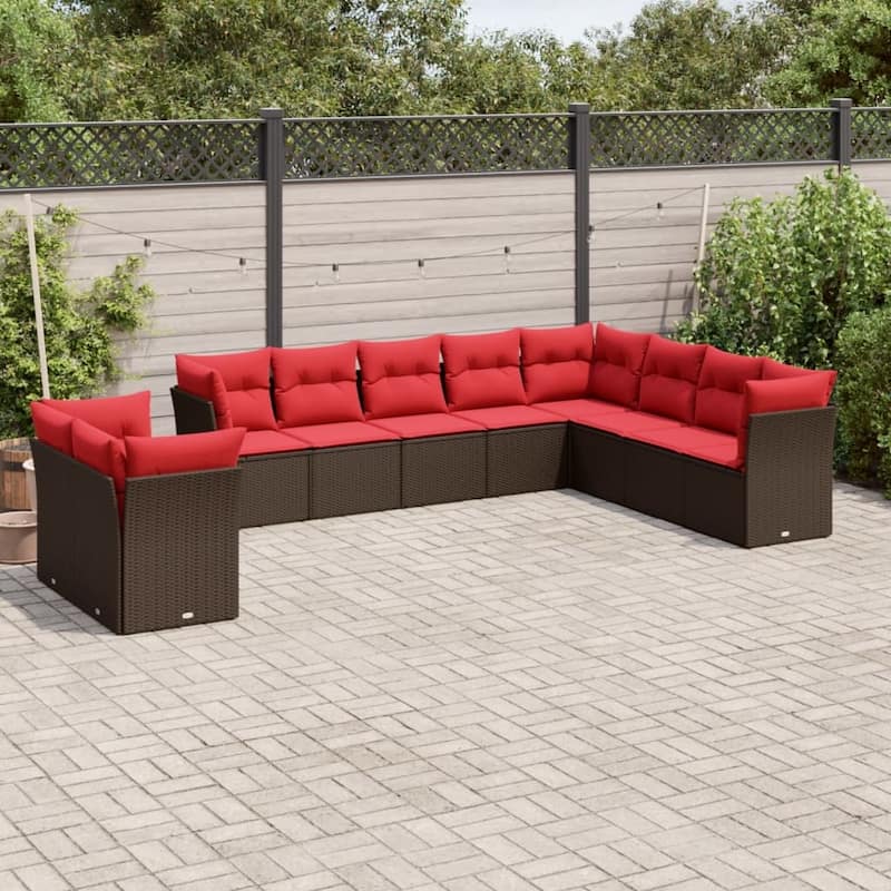 vidaXL 10/11 Piece Patio Sofa Set with Cushions Black/Brown/Gray Poly Rattan - 21.7 x 24.4 x 27.2