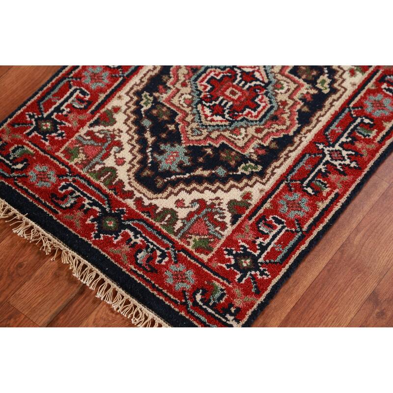Hand Knotted Oriental 100% Wool Carpet Traditional Medallion Navy Blue & Blues Heriz (serapi) Area Rug - 3' 0'' X 2' 0''