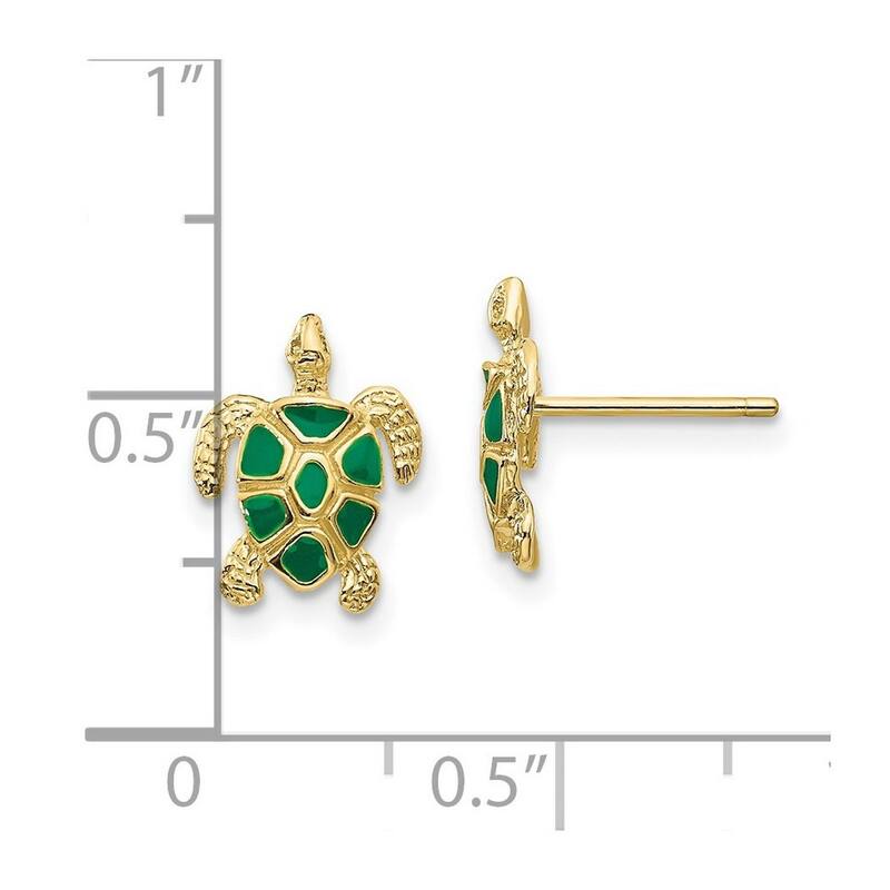 Curata 10k Yellow Gold 11x9mm Green Enameled Sea Turtle Post Earrings