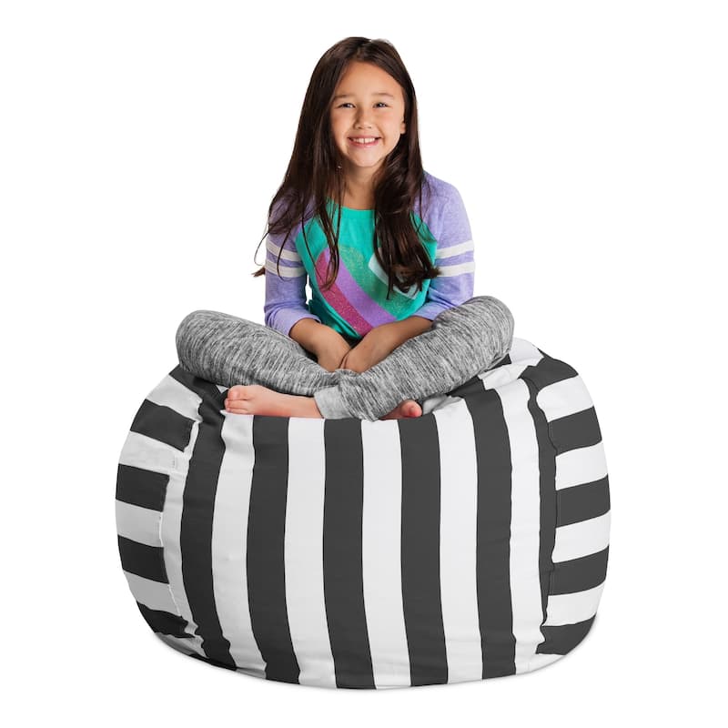 Kids' Stuffed Animal Storage Bean Bag Chair Cover or Toy Organizer - 38 Inches Large - Canvas Stripes Gray and White