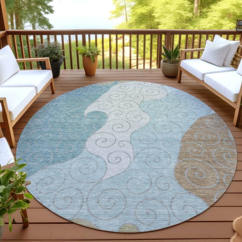Machine Washable Indoor/ Outdoor Swirly Chantille Rug - Teal - 8' x 8'
