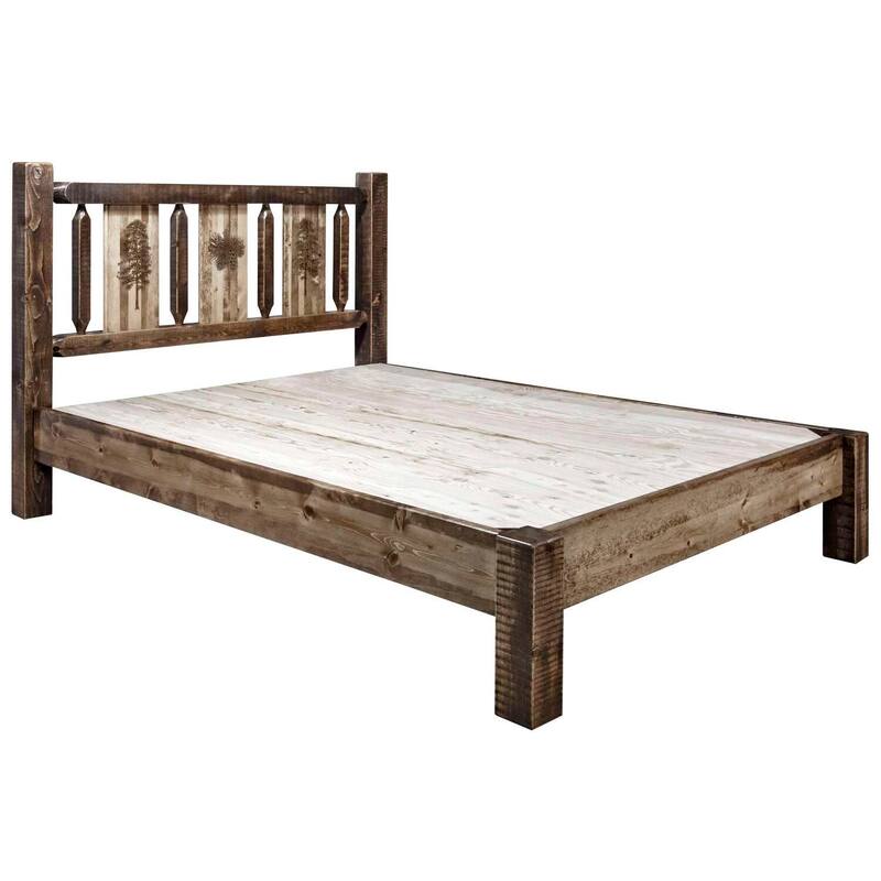 King Platform Bed - Rustic Pine Tree Design - Clear Lacquer Finish - Homestock