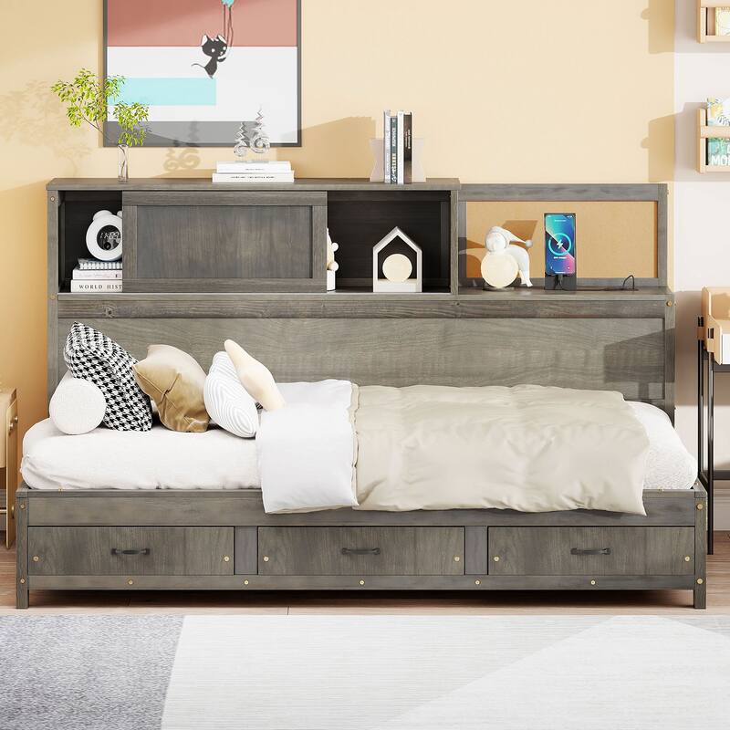 Full/Twin Size Built-in Storage Bed Versatile Wooden Daybed with 3 Drawers, Pushable Top Shelf, USB Ports and Power Outlets