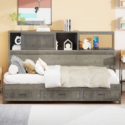 Twin Size Daybed with 3 Storage Drawers and Upper Soft Board, Versatile Wooden Sofa Bed Frame w/a Set of Sockets & USB Ports