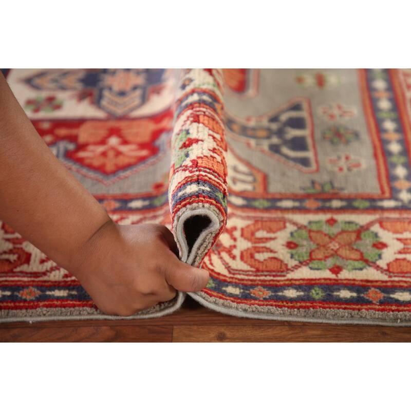 Geometric Kazak Rug Hand-Knotted Grey Wool Carpet - 3'3"x 4'10"