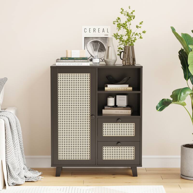 Rattan Buffet Cabinet with Adjustable Shelf, Sideboard with Drawers for Living Room, Kitchen, Entryway