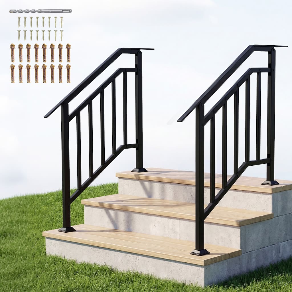 Gymax 2 Pack 3-Step Galvanized Metal Hand Rails w/Adjustable Angle for - Black