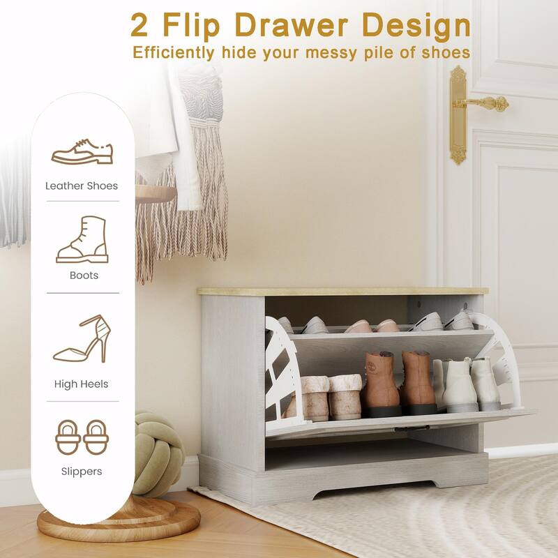 Shoe Storage Bench with 1 Flip Drawer and Adjustable Shelf