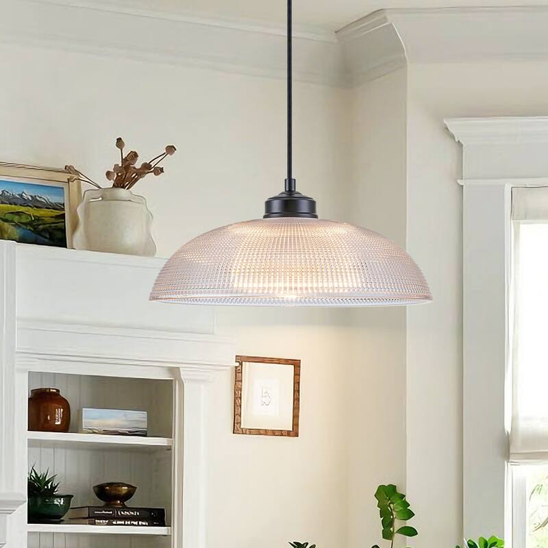 1-Light Matte Black Dome Pendant Textured Glass Kitchen Island Lights for Dining Room