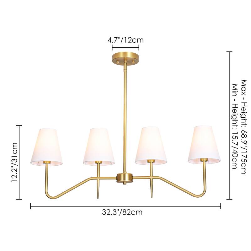 32.3" 4-Light Mid-Century Modern Gold/Black with Fabric White Cone Shades Kitchen Island Pendant Light