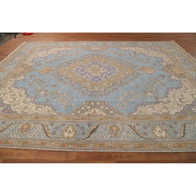 Geometric Tabriz Persian Area Rug Light Blue Handmade Wool Carpet - 9'7"x 12'4"