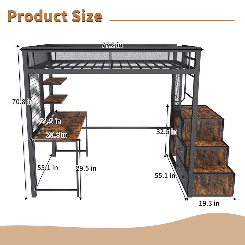 Roomfitters Full Size Loft Bed with Desk and Hidden Drawers, Metal High Sleeper with Staircase and Charging Station, Black