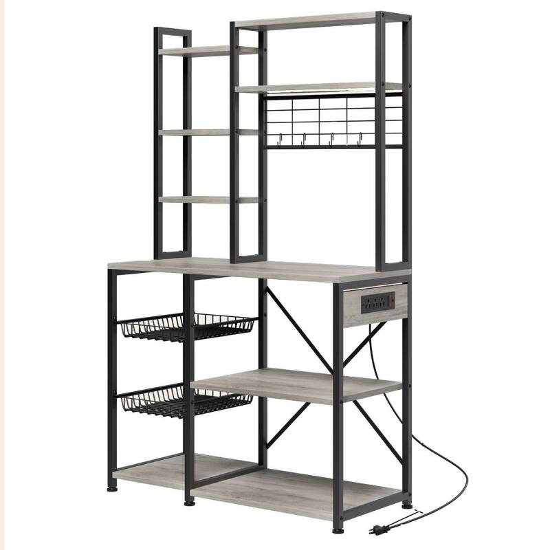 Bakers Rack with Power Outlet for Kitchen Spice - Grey