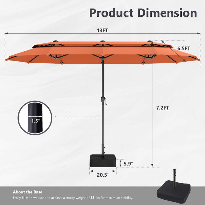 MAISON ARTS 13ft Double-Sided Outdoor Umbrella, 2-Tier Vented Market Umbrella with Colored Lights and Base