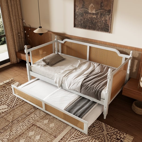 slide 2 of 10, Traditional Style Rattan Twin Size Daybed with Twin Size Trundle ,Antique White