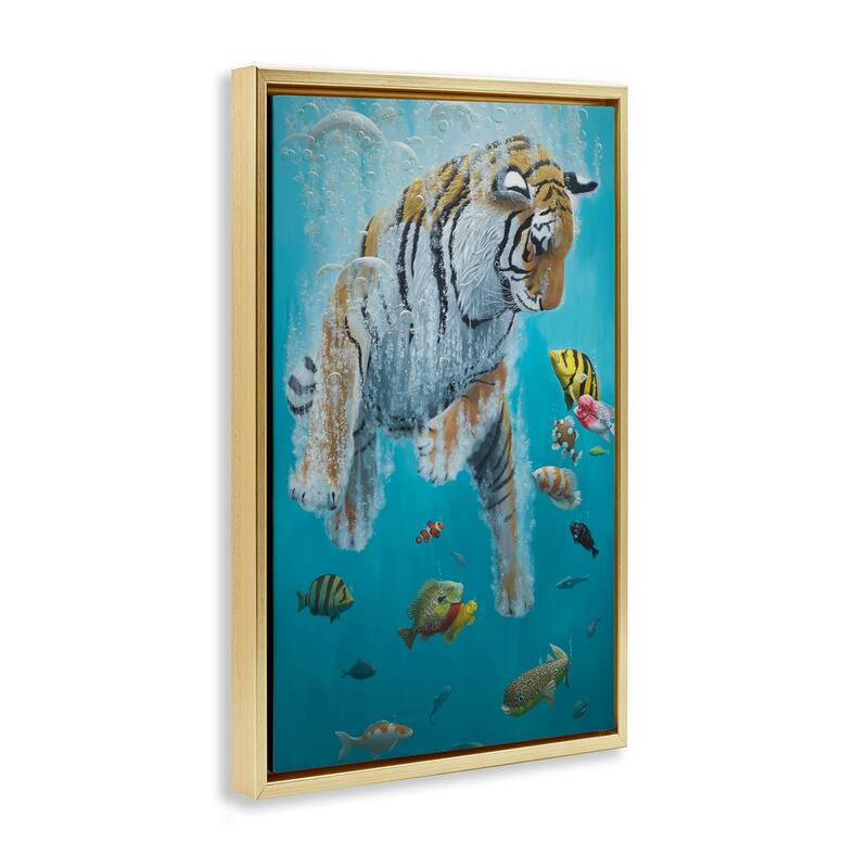 Stupell Swimming Tiger Among Fish Framed Floater Canvas Wall Art Design By Heather Gauthier