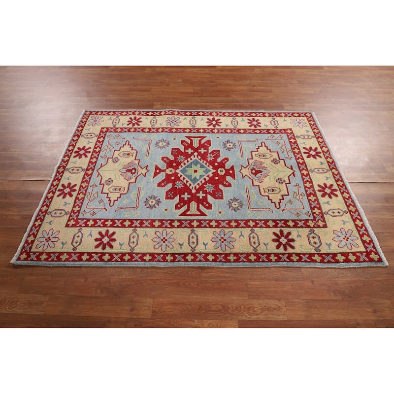 Light Blue Geometric Kazak Rug Hand-Knotted Bedroom Wool Carpet - 4'2" x 5'8"
