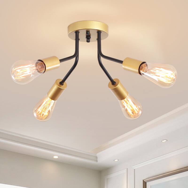 4-Light Semi Flush Mount Lights for Farmhouse Kitchen Dining Room - Black+Gold