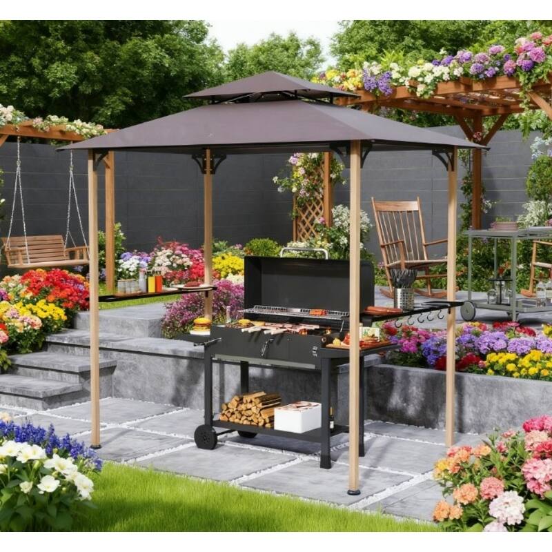 GDFStudio - Outdoor 8'x5' Double Tiered Grill Gazebo with Side Shelves & Hooks - Black,Natural Wood+Brown