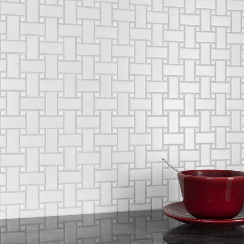 Merola Tile Metro Basketweave White w/ Glossy White Dot 11-3/4" x 11-3/4" Porcelain Mosaic Floor and Wall Tile