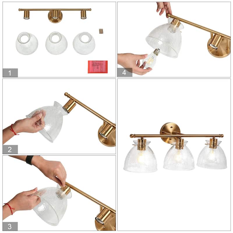 Uolla Modern 3-Light Glam Gold Linear Dome Bathroom Vanity Lights with Crackle Glass - L 23.6" x W 8.2" x H 9"