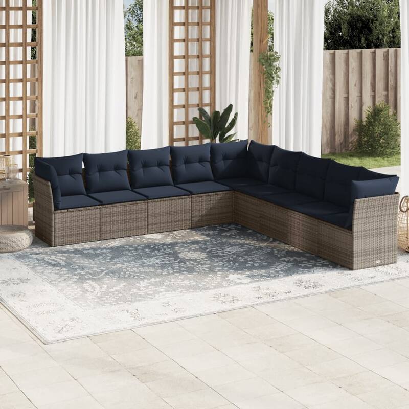 vidaXL 9/10 Piece Patio Sofa Set with Cushions Black/Brown/Gray Poly Rattan - 21.7 x 24.4 x 27.2 - Beige and gray Without table